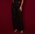 Ensemble noir pailleté deux pièces avec haut court et pantalon large à taille haute chic - Pantalon Noir