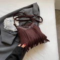 Retro dark brown suede crossbody bag featuring bohemian fringe and embroidery detail - Coffee