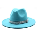 Detail view of lake blue fedora hat with sparkling rhinestone band on white background - Lake Blue