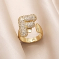 Gold plated open ring featuring letter F design paved with sparkling cubic zirconia - Small / Letter F