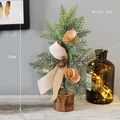 25cm mini pine Christmas tree with wooden base, red berries and acorns for desk decor - Pine Needle Style
