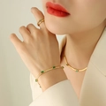 Set di gioielli dorati con zirconi verdi rettangolari e catena a serpente per le donne - 15+5cm / Bracciale d'Oro-Zircone Verde