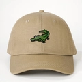 Adjustable khaki cotton baseball cap with green cartoon crocodile embroidery on white background - Dark Khaki