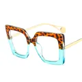 Oversized square glasses with leopard print and transparent blue frame and gold metal temples - Leopard and Blue Frame Transparent Lenses