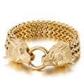 Golden punk style men's wolf head bracelet with wheat pattern woven steel chain - Wolf Head / Gold