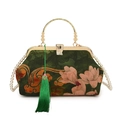 Dark green shell evening bag with floral embroidery, pearl chain and green tassel - Green