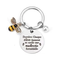 Llavero de acero con abeja y trébol con frase en francés para una maestra excelente - Estilo Abeja Perla Artificial Maestra Francés (t67.1) / 30MM