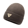 Deep brown winter ribbed knit beanie for men and women with faux leather logo patch - Khaki