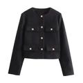 Classic black tweed jacket for women featuring golden metal buttons and four front pockets - S / Black