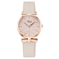 Fashionable women quartz watch with rose gold leaf pattern dial and bow-knot leather strap - Beige