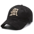 Dark camo baseball cap featuring gold gothic embroidery and a breathable mesh texture - Adjustable / Black with Gold Embroidery