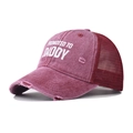 Detail of burgundy distressed trucker hat with mesh back and Daddy letter print - Adjustable / Burgundy