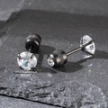 Detailed view of 6mm black stainless steel stud earrings with round cubic zirconia stones - 6mm / Black