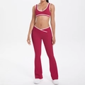 Front view of burgundy yoga set with U-neck bra and V-cross high waist flared pants - Carmine