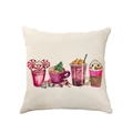 Beige linen cushion cover featuring four festive watercolor Christmas hot cocoa cups - Christmas Hot Drinks (2307-17)