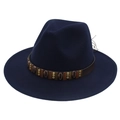 Detail of the navy blue wool fedora featuring a leather band with metal shell ornaments - Navy Blue