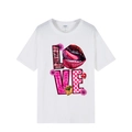 White cotton t-shirt featuring artistic LOVE graphic print with various animal patterns - XS / White