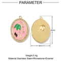 Detail view of pink enamel flower charms with green leaves and crystals on gold steel - Oval Floral-Pink