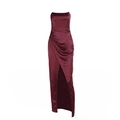 Elegant burgundy satin evening dress with strapless design and sexy high side slit - XS / Burgundy