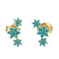 Elegant gold flower earrings with three turquoise petals in a long vertical drop design - Gold Plated - Blue Zirconia