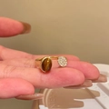 Close-up of vintage golden ring with oval tiger eye stone and micro-diamond disc - 2# Gold Tiger Eye Rhinestone Ring