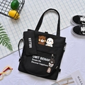 Black canvas tote bag set with cute cartoon animals and matching small storage pouch - Couple Bear (3-Way Bag With Pencil Case) / Black