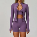 Ensemble de yoga violet 3 pièces sans couture avec veste zippée, brassière et short - S / Haut Et Bas / Violet brume