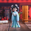 Traditional Hanfu girl figurine holding a white cat in elegant blue dress and floral headwear - 1218-1C Large Holding Cat