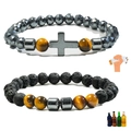 Magnetic tiger eye bead bracelet set with hematite cross and black lava stone beads - 2Pcs Cross & Lava Stone Set (Set-B)