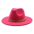 Detail of hot pink fedora hat featuring a brown woven band and silver metal buckle - M (56-58cm) / Rose Red