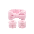 Pink coral fleece spa set including soft bow headband and two matching wristbands - Pink-3pcs Set (Hand-stitched)