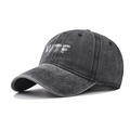 Vintage washed dark grey cotton baseball cap with white WTF embroidery on a white background - Black