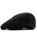 Detailed close-up of side copper buckle on washed denim flat cap with vintage texture - Adjustable / Black Denim