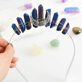 Silver crescent moon headpiece with wire-wrapped purple iridescent crystal points - Dark Blue