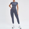 Ensemble de yoga sans couture gris foncé avec haut à manches courtes et legging taille haute - XL / Haut Et Bas / Manches Courtes + Leggings / Gris Bleu