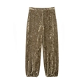 Pantaloni jogger in velluto oliva a fiori con vita alta e polsini elastici - XS / Pantaloni/Verde Oliva
