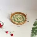 24cm handwoven rattan tray with green shell inlay and wooden handles for storage - Green Grape / Medium 24x3cm