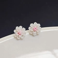 Elegant floral stud earrings featuring cream petals and a soft pink center - No.71 Cream White Pink Heart Layered Flower