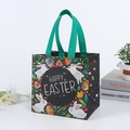 Sac cadeau de Pâques réutilisable en non-tissé noir avec motif lapin et anses vertes - Style D10 / 20X20X15CM