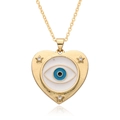 Gold evil eye heart necklace with blue enamel and star accents on white background - White Enamel Heart Evil Eye (c360)