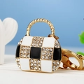 Miniature handbag keychain with black white checkerboard pattern and luxury crystals - Black and White Plaid Handbag Keychain