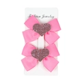 Set di due fiocchi per capelli rosa in grosgrain con cuori viola glitterati su carta - Rosa Scuro