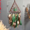 Bohemian triangle dream catcher with emerald feathers and natural wooden beads decor - Without Lights / Brown Green