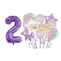 Detail view of purple number 2 foil balloon set with rainbow and star birthday decorations - Number 2 Set