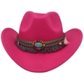 Detail of rose red felt cowboy hat featuring ethnic beads, turquoise stones and tassels - M (56-58cm) / Rose Red
