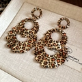Detail view of vintage leopard print layered earrings with gold scalloped metal edges - 4# Silver Earring Post - Gold - Brown