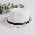 White straw fedora hat for summer beach with black faux leather belt buckle accent - Kids Style (52-54cm) / White