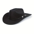 Classic black Western cowboy wool felt hat with brown leather band and silver buckle - Black