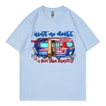 Light blue cotton t-shirt with American flag RV print and slogan in XL size - Light Blue