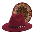 Wine red fedora hat with leopard print brim and leather band gold buckle accent - M (56-58cm) / Burgundy